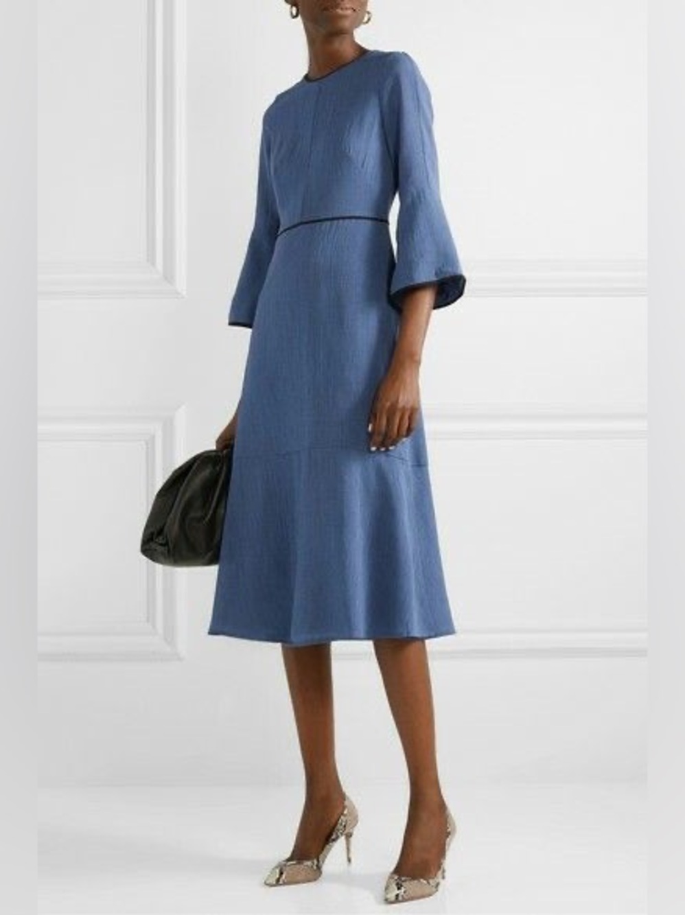 CEFINN Navy Long-Sleeve Midi Dress with Black Piping